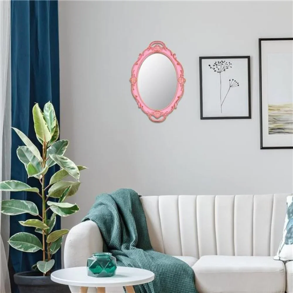 Vintage Small Mirror 14.5 x 10 inch Oval Pink Wall Mirror